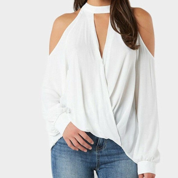 Tops - Cold Shoulder Choker V neck Top